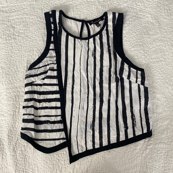 Unique Black and White Striped Asymmetrical Linen Blend Cropped Top - Picture 3 of 10